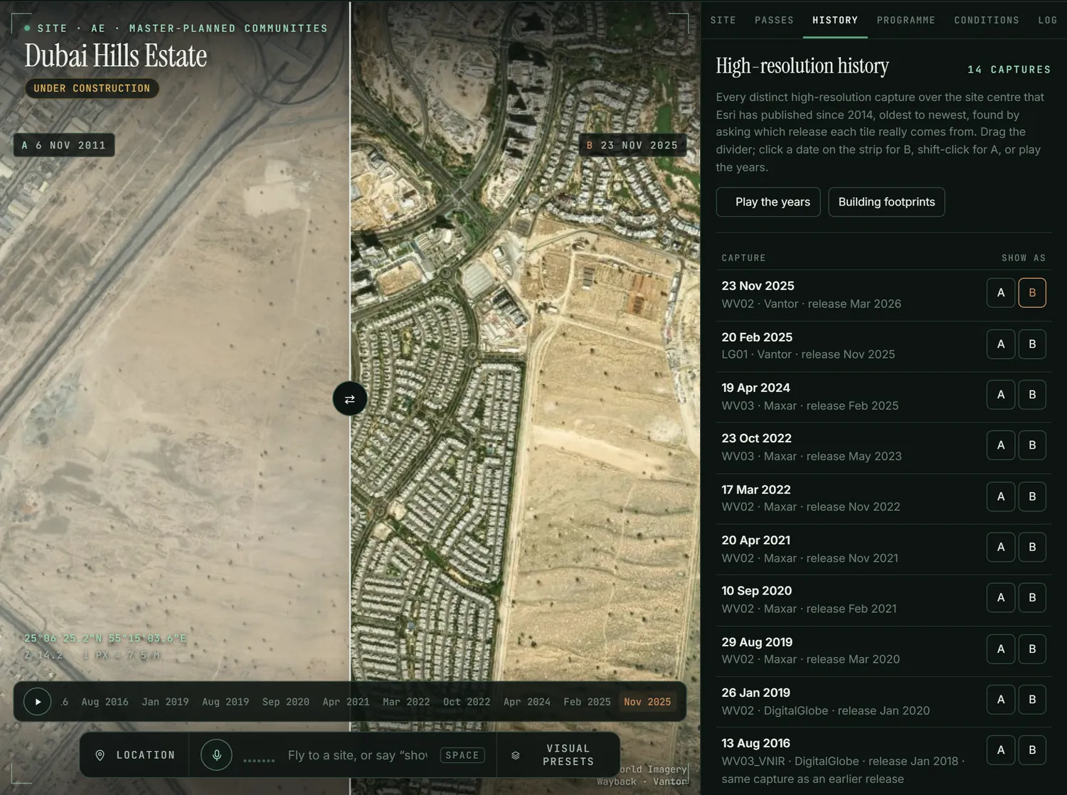 Groundwork comparing Dubai Hills Estate on 6 November 2011 and 23 November 2025, with fourteen dated captures listed