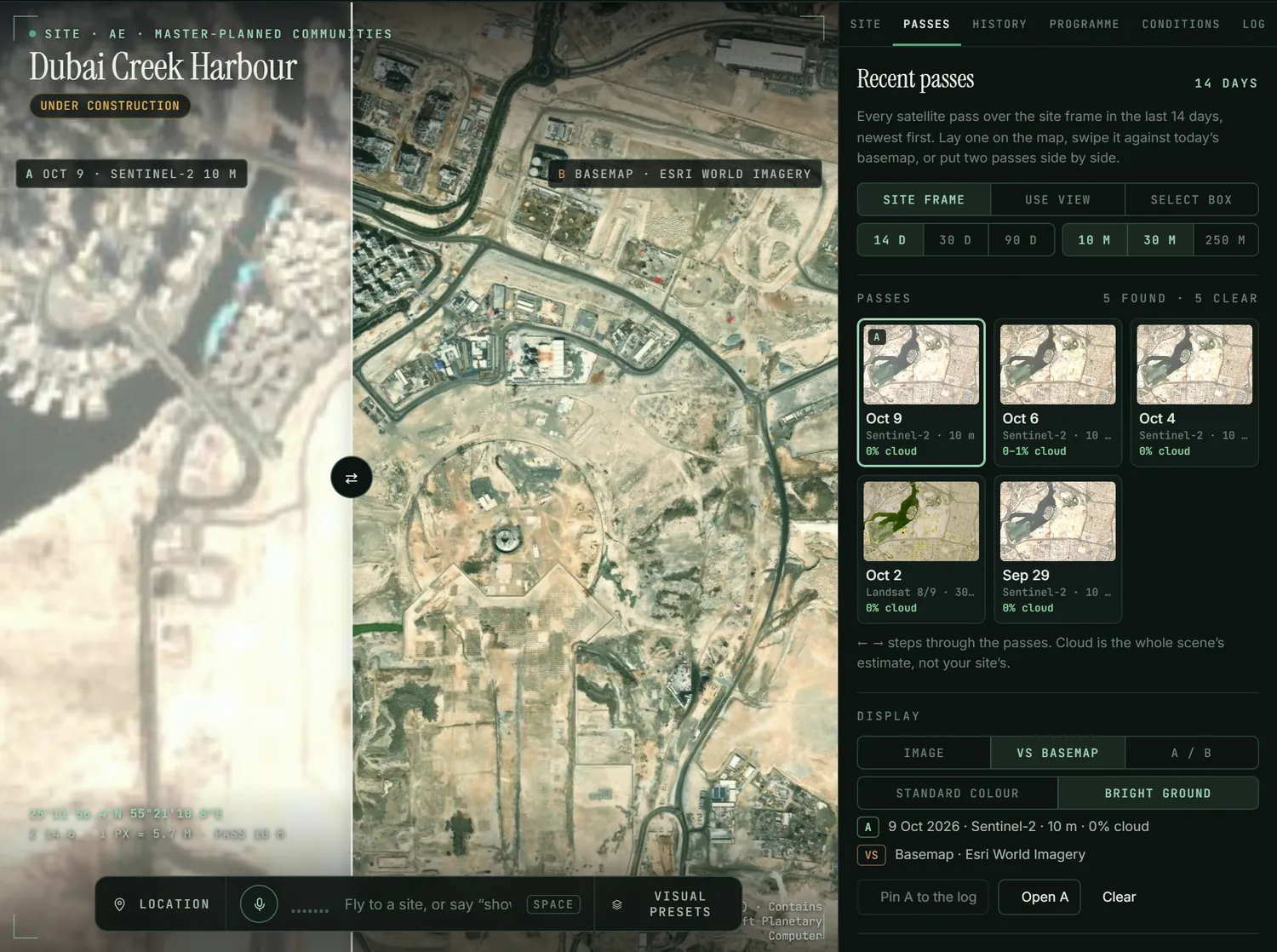 A Sentinel-2 pass from 9 October 2026 swiped against the basemap over Dubai Creek Harbour