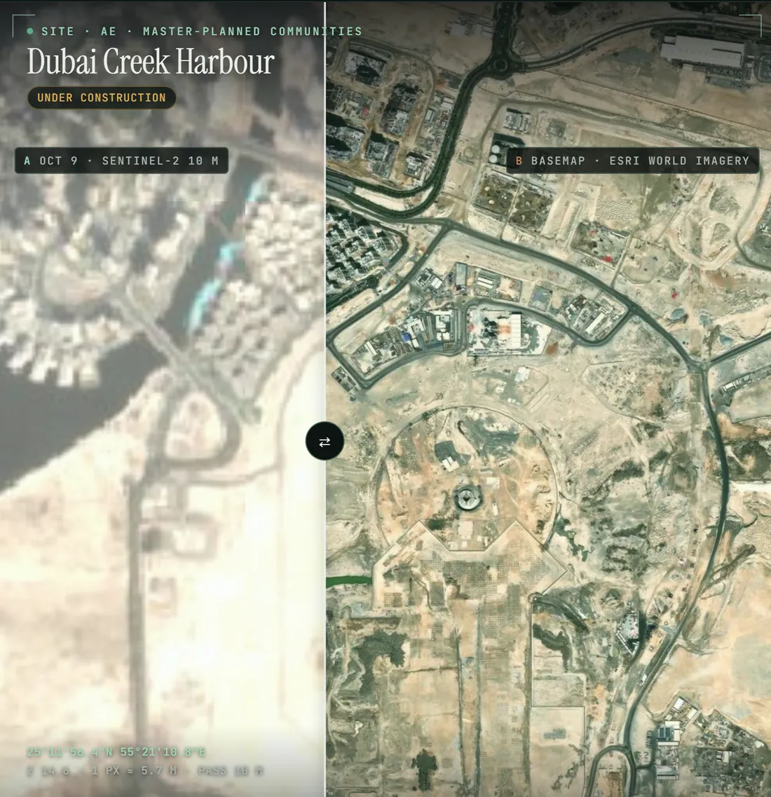 A Sentinel-2 pass over Dubai Creek Harbour swiped against the basemap