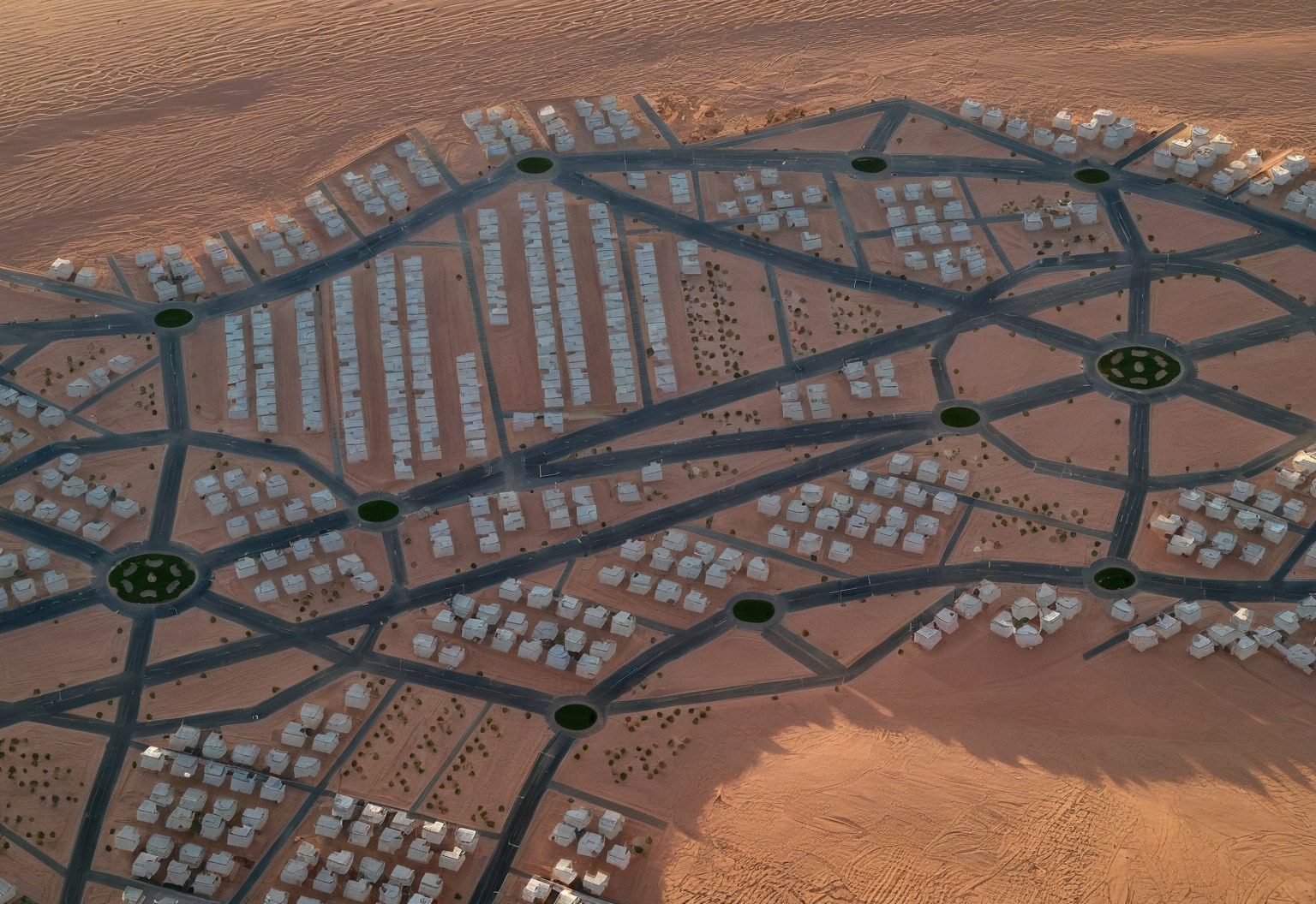 Dawn aerial of the whole built city on desert