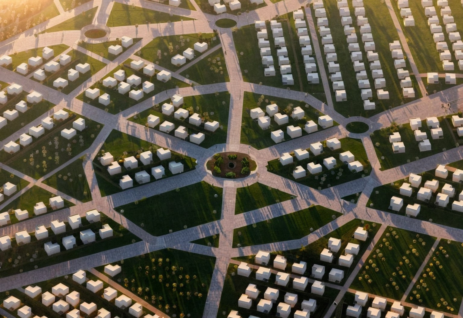 Photoreal district close-up: white villas with long dawn shadows around the landscaped hub plaza
